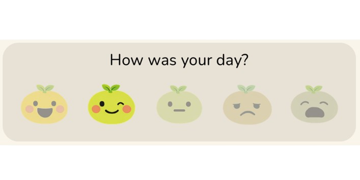 MyYuzu mood check-in row asking how your day was, with five mood options