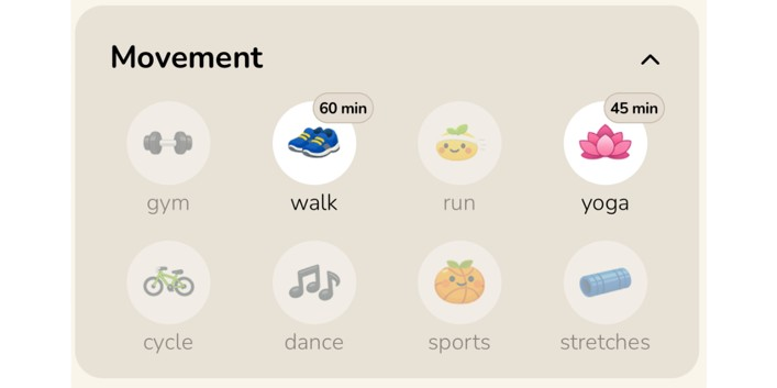 MyYuzu Movement category block with icons for gym, walk, run, yoga, cycle, dance, sports, and stretches