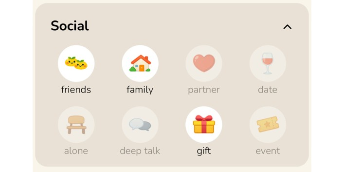 MyYuzu Social category block with icons for friends, family, partner, date, alone, deep talk, gift, and event